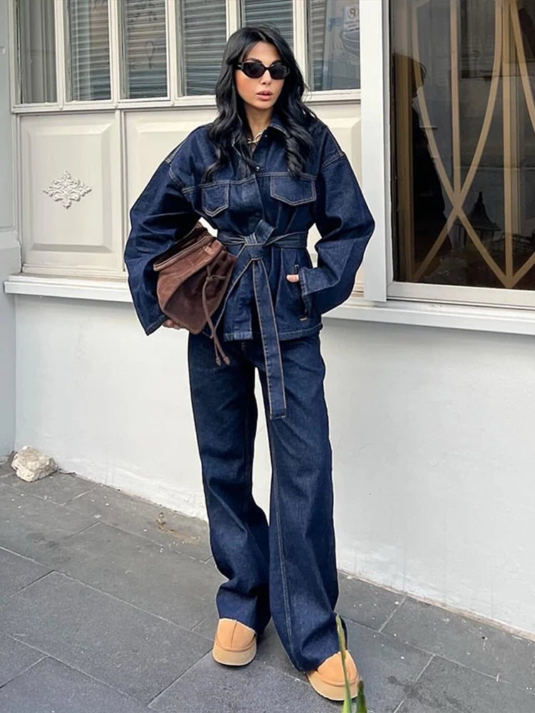 Women’s 2-Piece Denim Long Pants Suit – Y2K Lace Up Lapel Jacket & Straight Leg Jeans Set