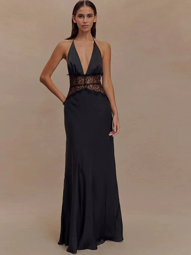 Women’s Sexy Deep Neck Lace Halter Maxi Dress – Backless Patchwork Evening Gown