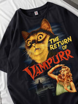 Women’s Oversized Cotton Graphic Tee with Vintage Dog & Cat Illustrations