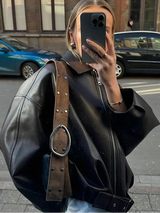 Damen-Schnürjacke aus Kunstleder – Locker sitzender Mantel mit Umlegekragen im Moto-Stil