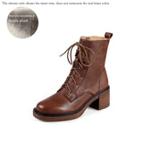 Damen Stiefeletten aus echtem Leder mit dickem Plateau-Absatz – Retro-Schnürstiefel mit runder Kappe