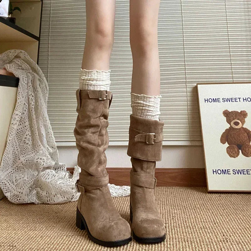 Designer Damen Western Cowboy Stiefel – Mode Plateau Dicke Ferse Lange Stiefeletten