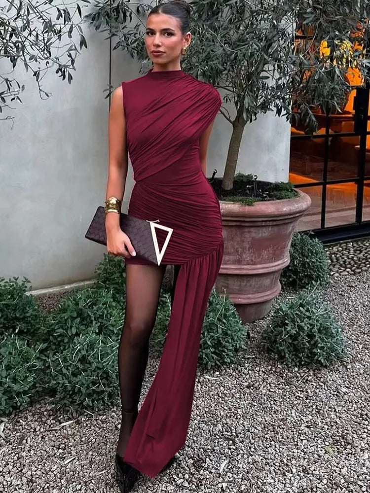 Women’s Sexy Irregular Round Neck Ribbon Detail Ruched Mini Dress