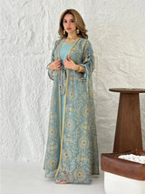 Muslim Women’s 2-Piece Abaya Set for Eid | Embroidered Open Cardigan and Lace-Up Inner Dress