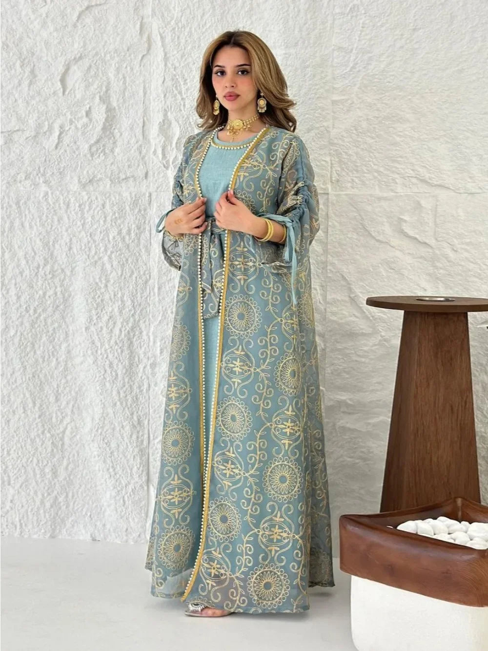 Muslim Women’s 2-Piece Abaya Set for Eid | Embroidered Open Cardigan and Lace-Up Inner Dress