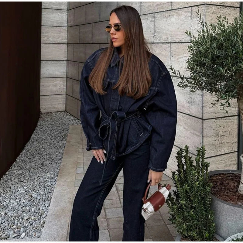 Women’s 2-Piece Denim Long Pants Suit – Y2K Lace Up Lapel Jacket & Straight Leg Jeans Set