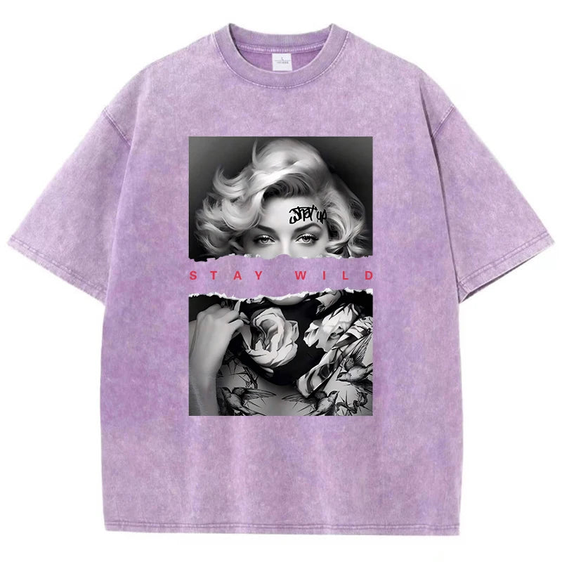 T-Shirt mit Porträt im europäischen Stil – Vintage-Baumwoll-T-Shirt für Damen mit Waschung