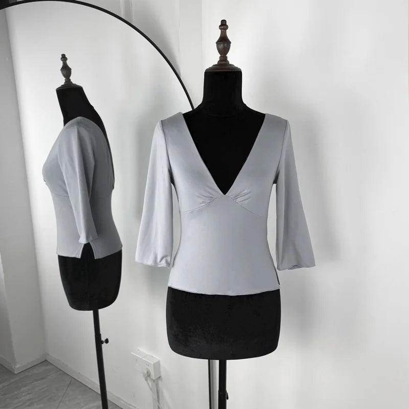 Elegantes rückenfreies Patchwork-Oberteil – Damen V-Ausschnitt Slim T-Shirt für den Sommer