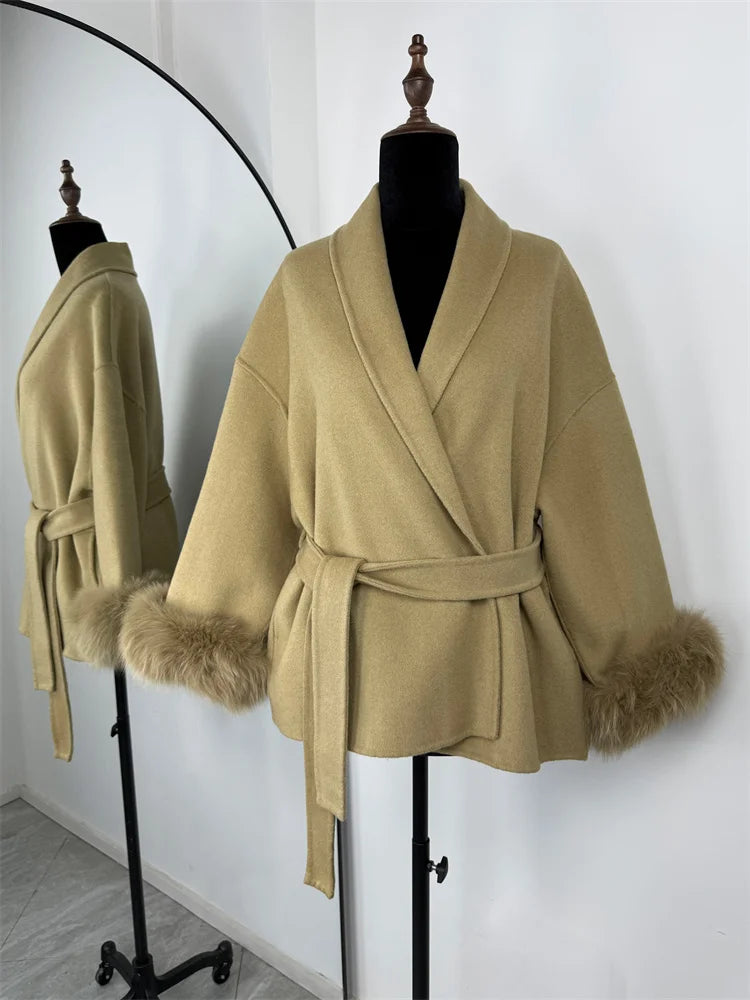 Luxuriöser Fuchsfell-Woll-Wintermantel für Damen – Eleganter doppelseitiger Wollmantel für Frauen,