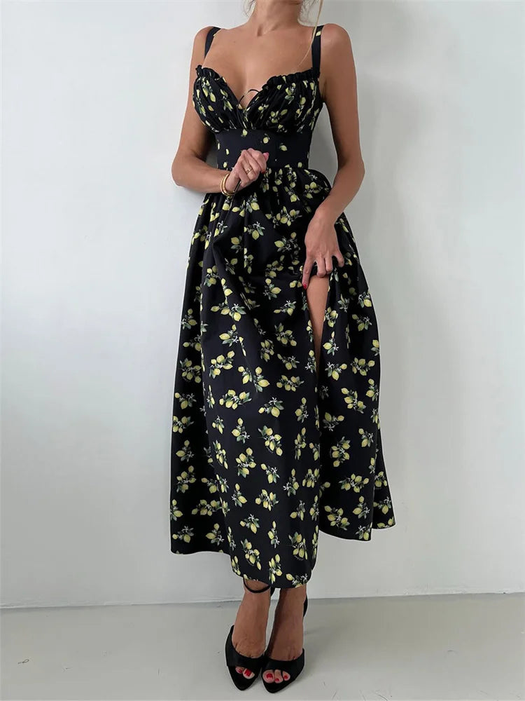 V-Neck Printed Elegant Maxi Dress for Women – Summer Sleeveless Bodycon Dress