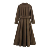 Elegantes Hemdkleid mit Reverskragen, Gürtel, langen Ärmeln, Einreiher, Herbst, Maxi