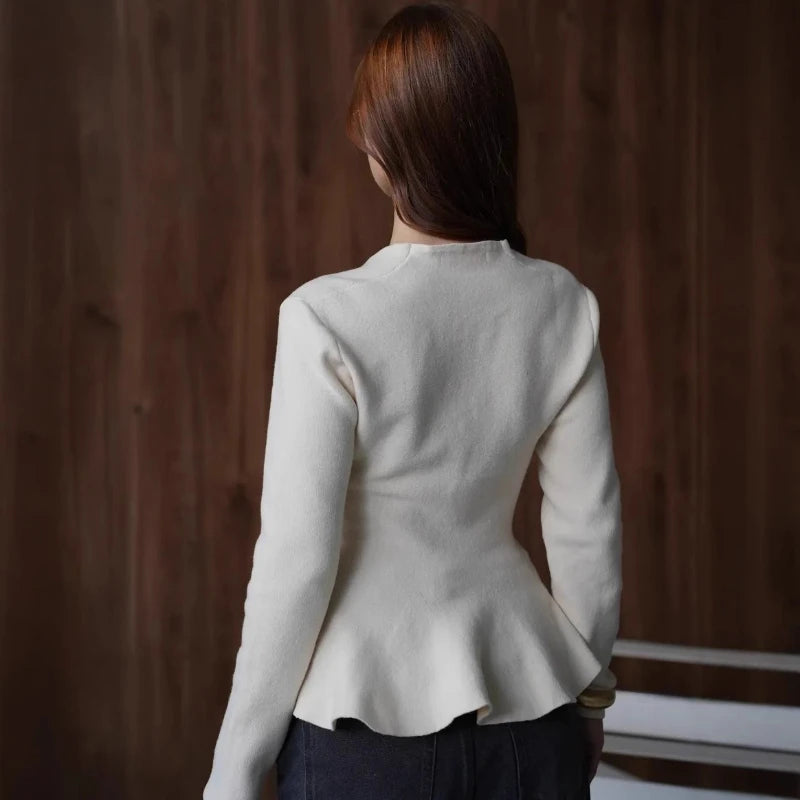 The "Lotus Leaf" Ruffle Knit Cardigan | Elegant Long-Sleeved V-Neck Blouse