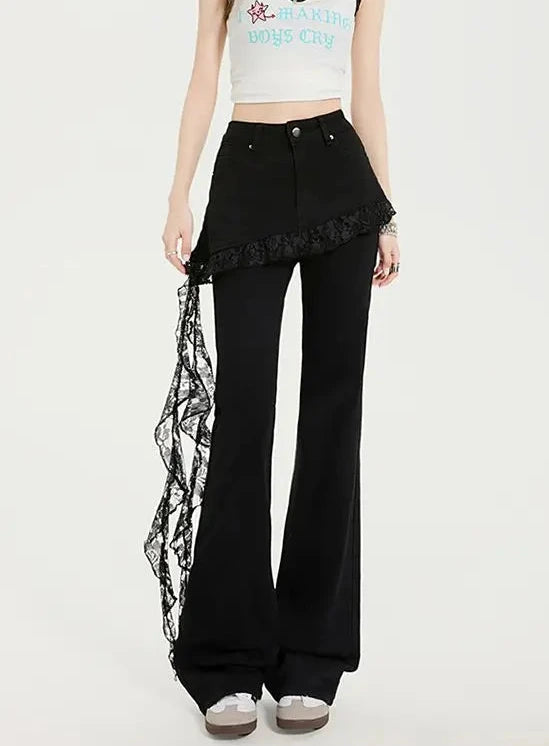 Damen Jeans mit Spitzenbesatz im Fake Two-Piece Design | Jeansrock in Mikro-Schlaghose-Optik