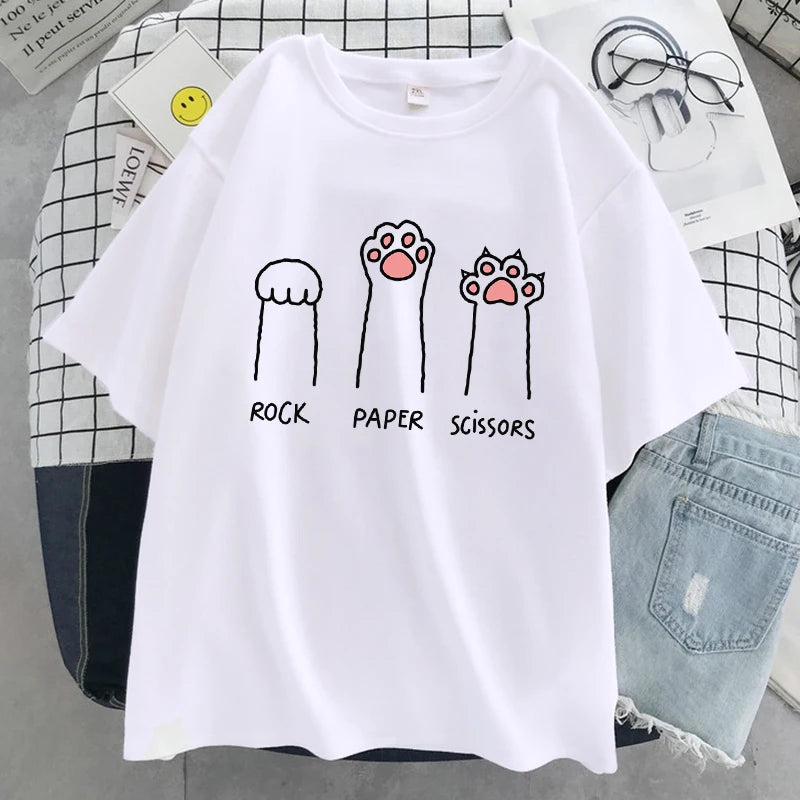 Schere-Stein-Papier Lustiges Katze Grafik-T-Shirt Weiches Casual Streetwear T-Shirt für Damen