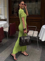 Damen Kurzarm Strick Maxikleid – Schmal geschnitten, mit Cut-Outs, Retro