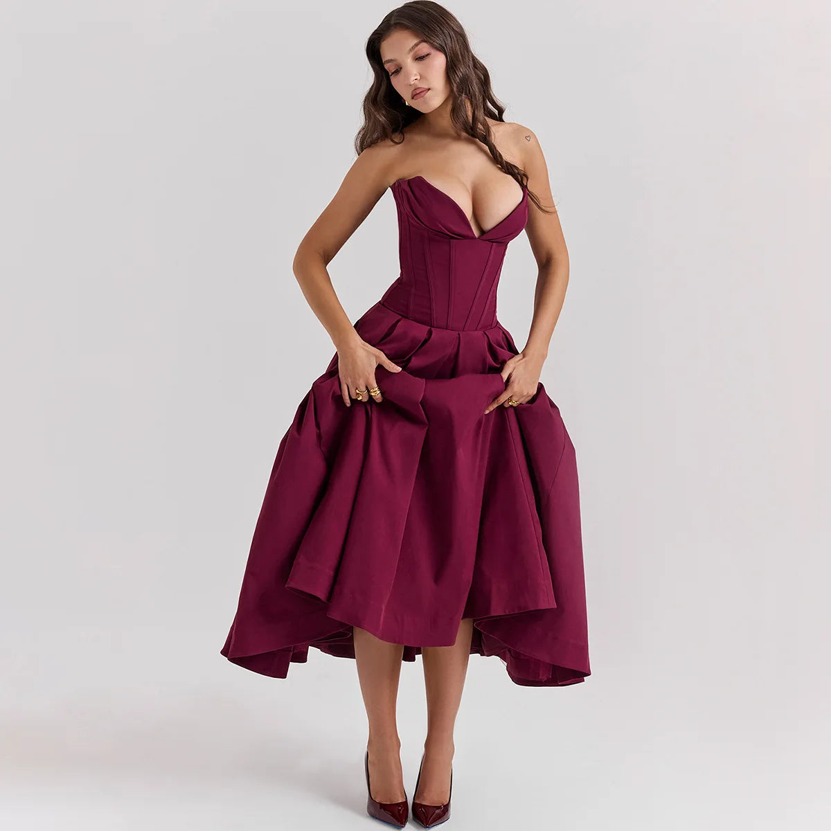 Women's Elegant Wine Red Corset Maxi Dress