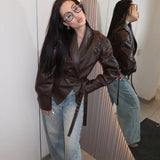 Women's Vintage Leather Jacket – Padded Shoulder High Waist Leather Coat with Belt