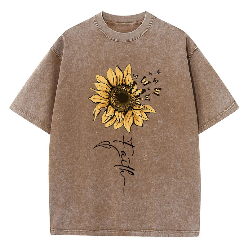 Sunflower and Butterfly Washed Cotton T-Shirt | Women's Vintage Black Graphic Tee