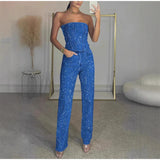 Damen sexy glänzendes Pailletten-Zweiteiler-Set – trägerloses Bandeau-Crop-Top & hochtaillierte Skinny-Hose
