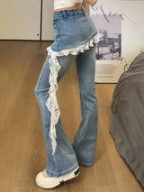 Damen Jeans mit Spitzenbesatz im Fake Two-Piece Design | Jeansrock in Mikro-Schlaghose-Optik