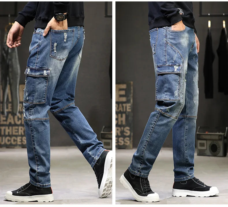 Herren Streetwear Baggy Cargo Jeans | Gerade Denimhose mit mehreren Taschen