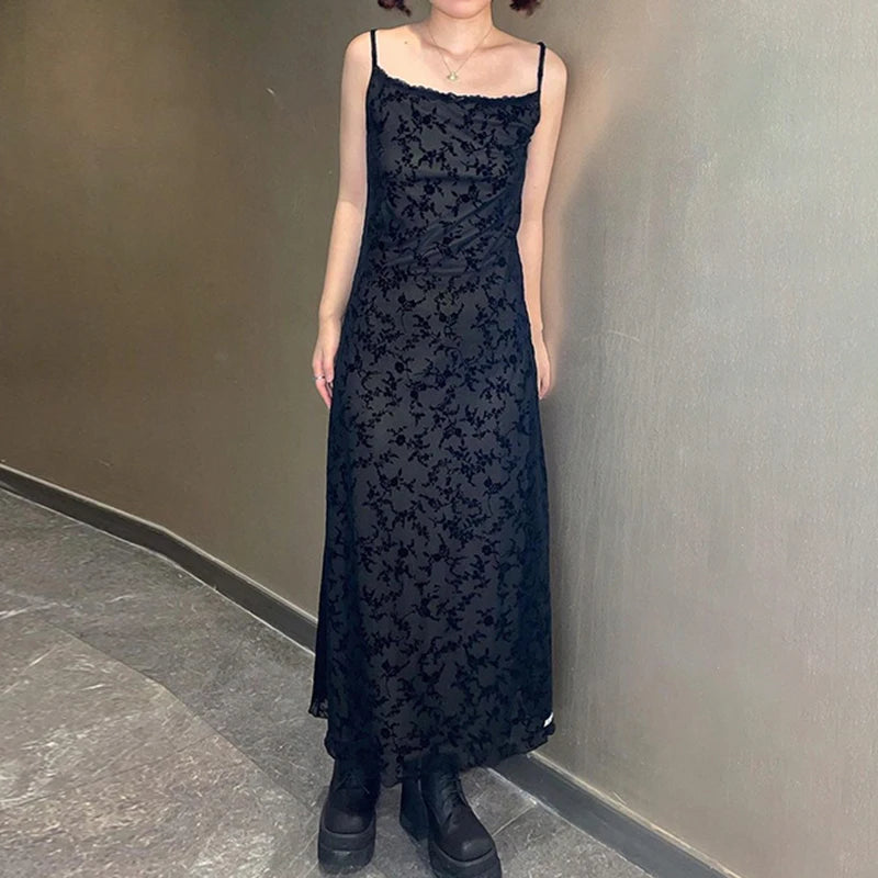 Gothic Bohemian Printed Dress | Vintage Grunge Printed Black Y2K Long Dress