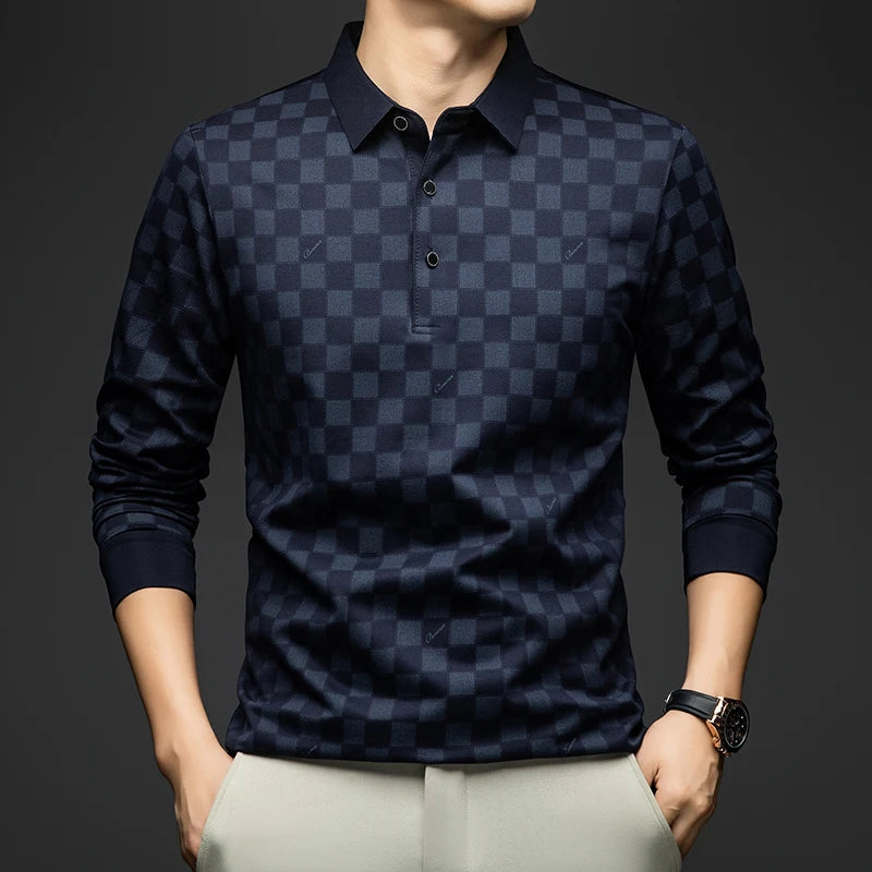 Men's Long Sleeve Polo Shirt – Business Casual Slim Fit Plaid Tee