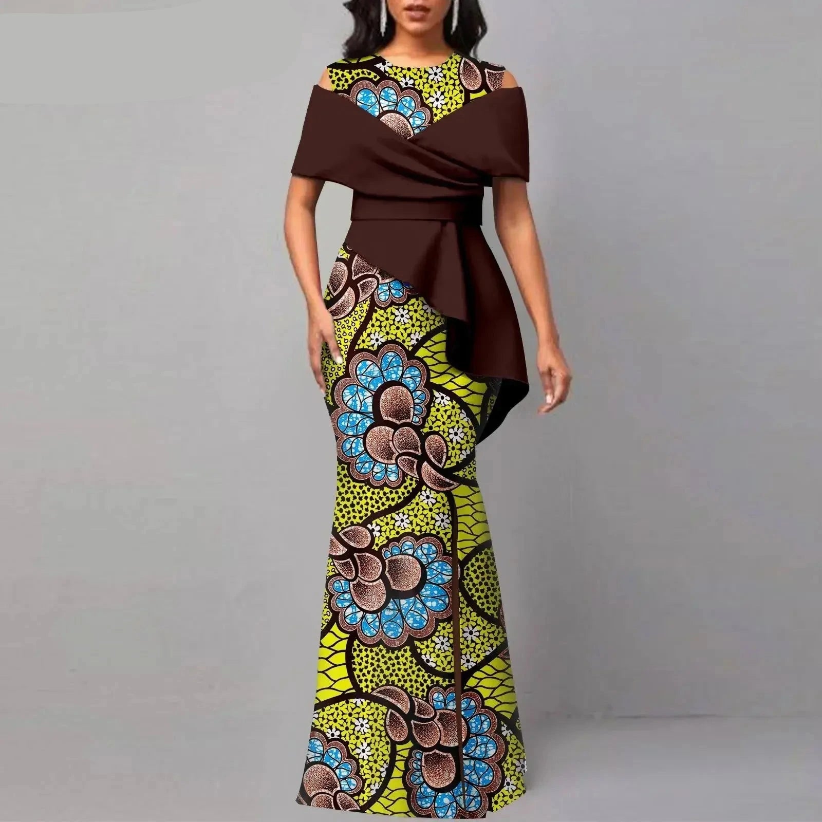 Afrikanisches hochtailliertes Ankara-Partykleid schulterfreies Maxikleid für Damen