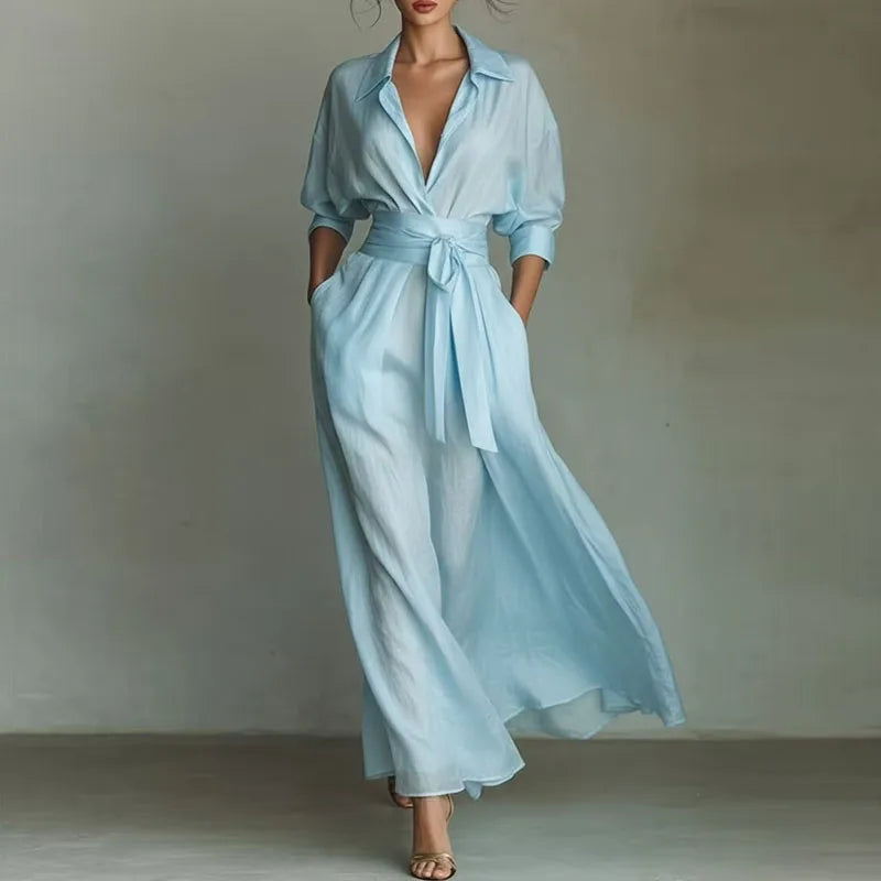 The Boho-Professional Maxi: Elegant Lace-Up High Waist Long Dress