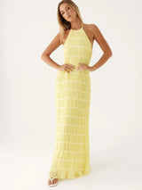 Women’s Backless Ruched Long Dress – Sexy Halter Lace-Up Maxi