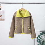 Women’s Contrast Knitted Cardigan Jacket – Elegant Long Sleeve Zipper