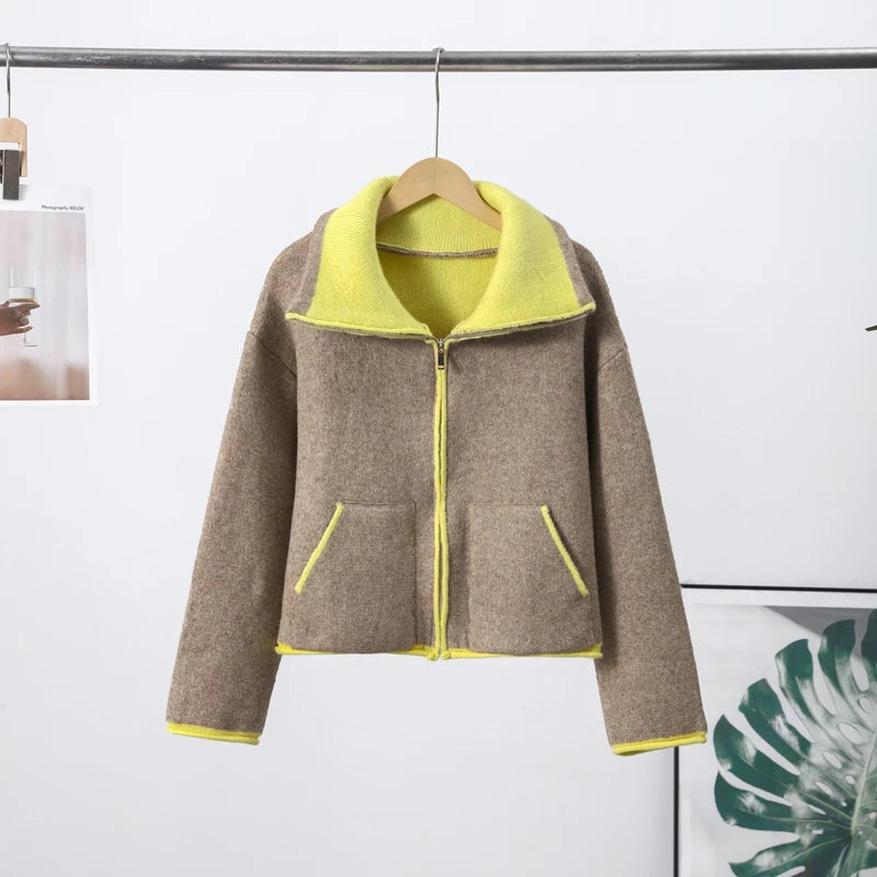 Women’s Contrast Knitted Cardigan Jacket – Elegant Long Sleeve Zipper