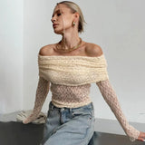 Sexy apricotfarbenes One-Shoulder-Top – Elegante ausgehöhlte Spitzenbluse, plissiertes durchsichtiges Party-Top