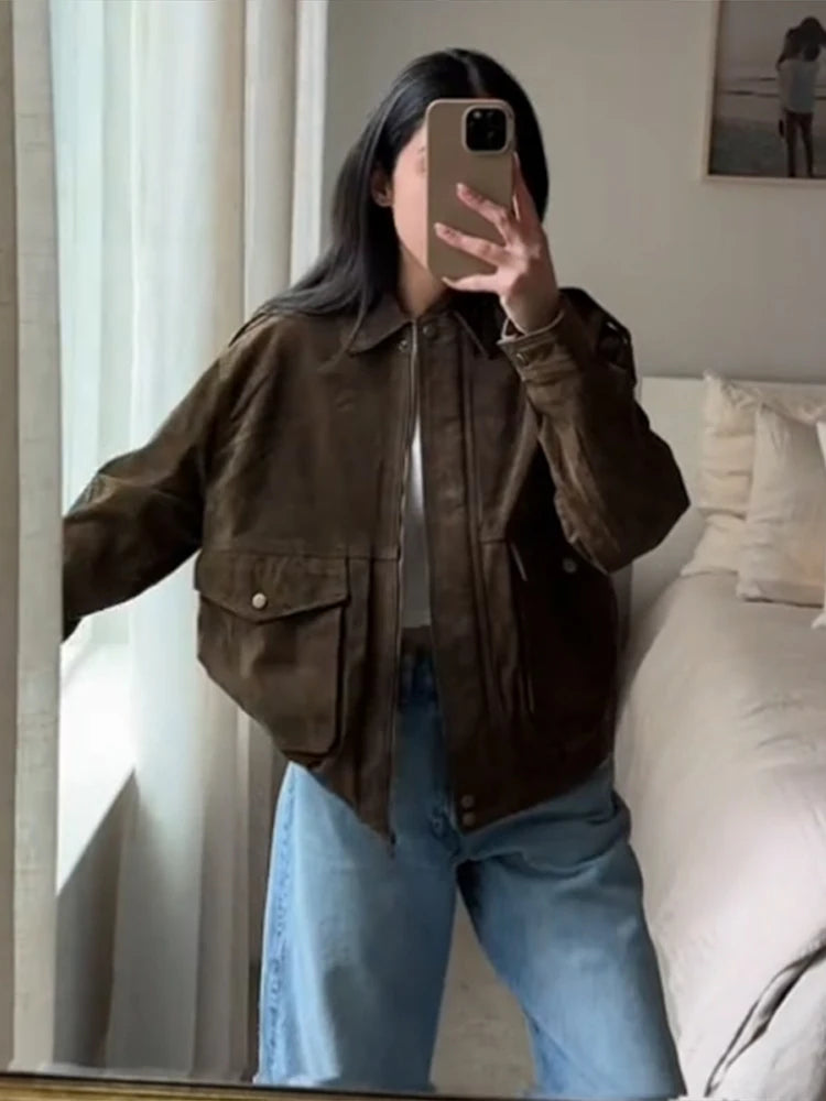 Autumn High Street Brown Women's Coat | Loose Fit Big Pocket Long Sleeve Jacket