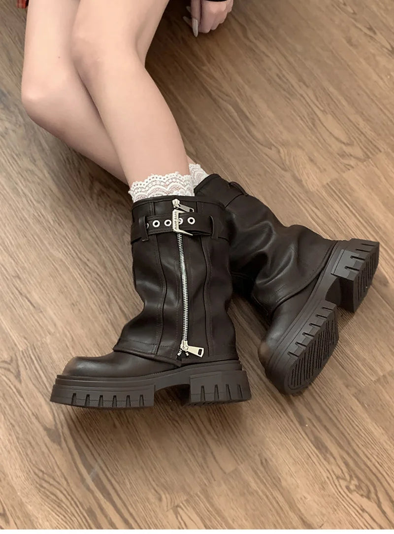 Damen Winter Biker Boots – Elegante Plateau Flache Mode Gürtelschnalle Knight Boots