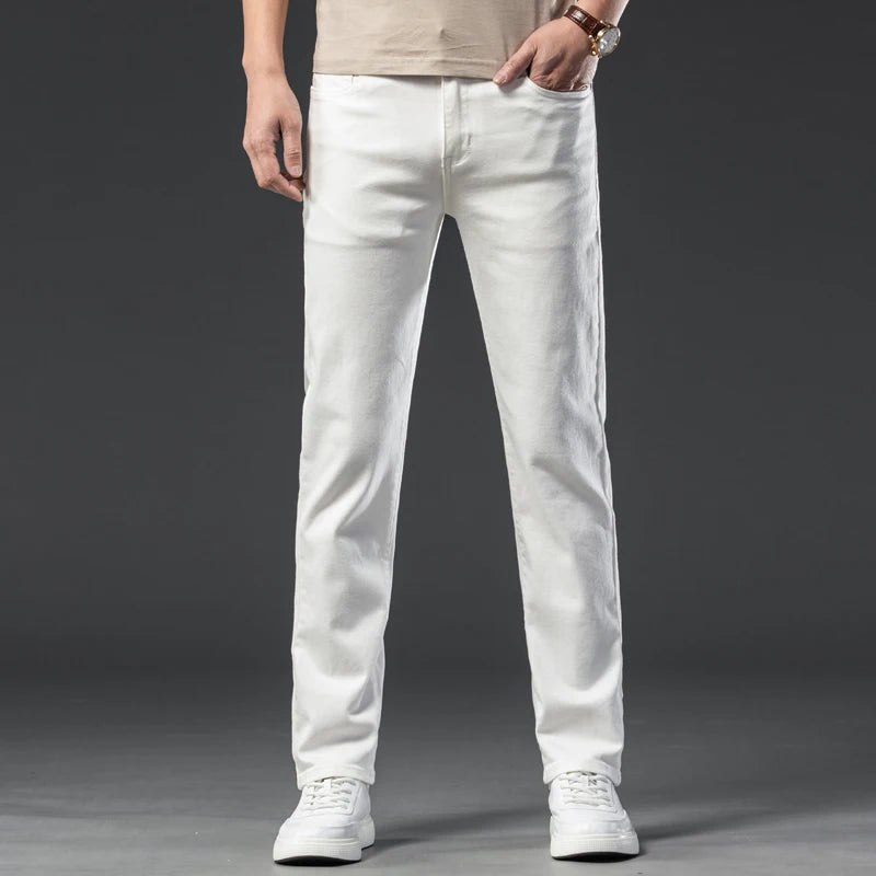 Herren Klassische Weiße Straight Jeans | Modische Lässige Soft Stretch Denim