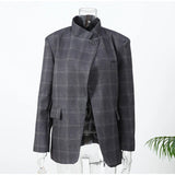 Damen Blazer mit Karomuster – Mode-Stehkragen Langarm Split Mantel