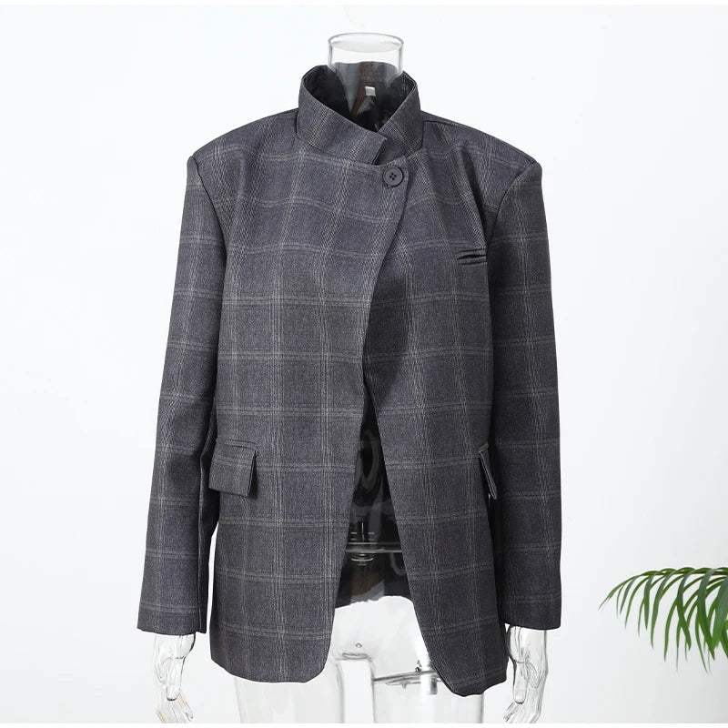 Damen Blazer mit Karomuster – Mode-Stehkragen Langarm Split Mantel