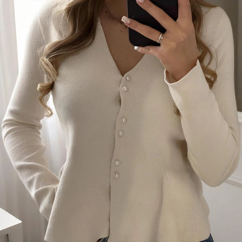 The "Lotus Leaf" Ruffle Knit Cardigan | Elegant Long-Sleeved V-Neck Blouse