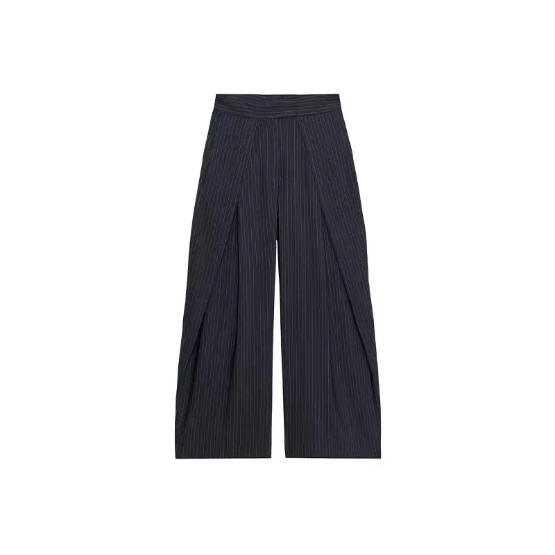 Damen lässige gestreifte weite Hose – High Waist plissierte gerade Hose