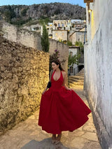 The "Aura Cotton" Midi: A Daring Backless Halter with a Seductive Low-Waist A-Line Flare