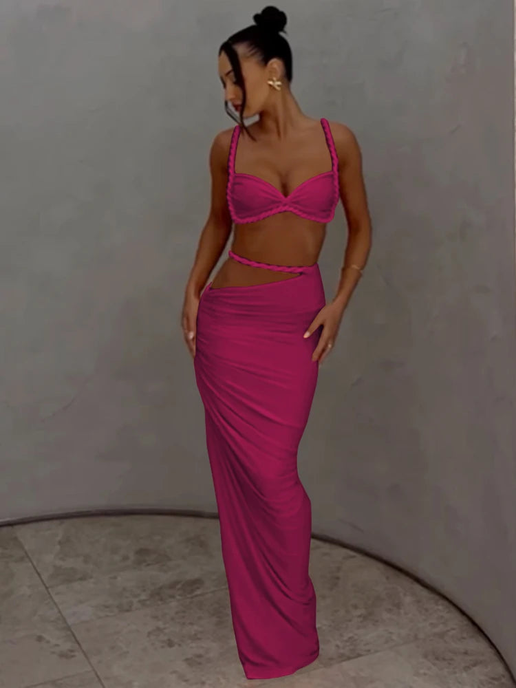 Sexy zweiteilige Urlaubskombination für Damen – plissiertes Crop-Cami-Top & geraffter Maxirock mit hoher Taille