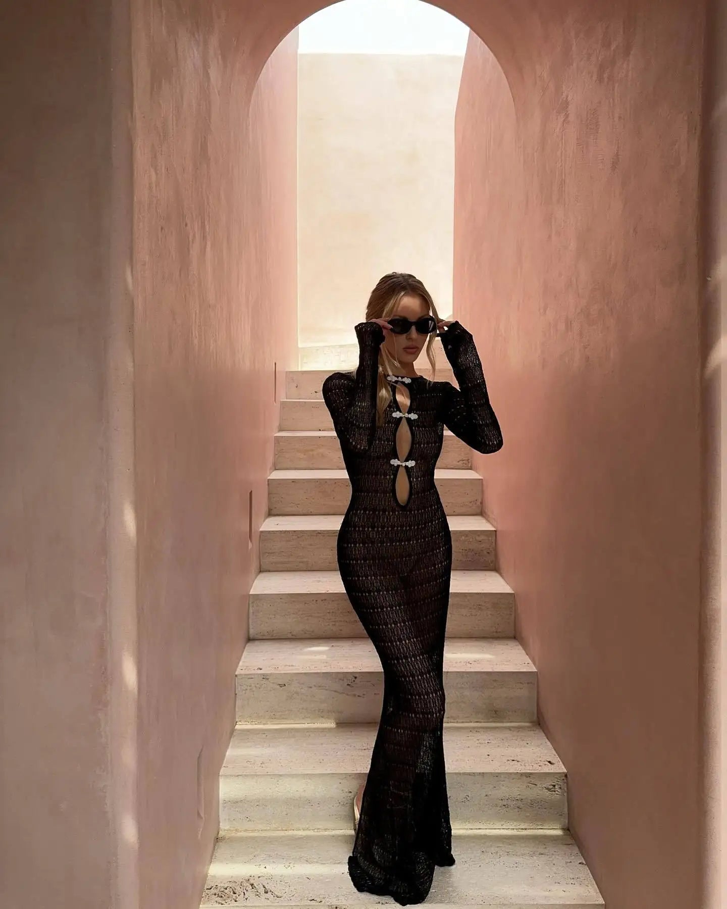 Women’s Hollow Sheer Maxi Dress – Sexy Backless Lace-Up Resort Dress
