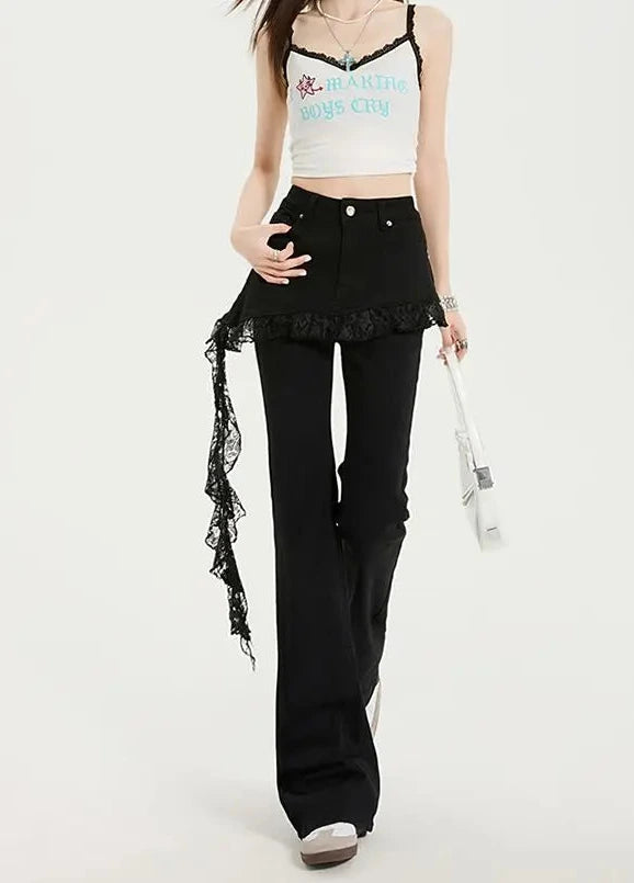 Damen Jeans mit Spitzenbesatz im Fake Two-Piece Design | Jeansrock in Mikro-Schlaghose-Optik