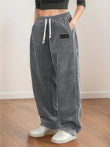 Women's Corduroy Pants Texture Straight-Leg Trousers with Drawstring Waist & White Piping