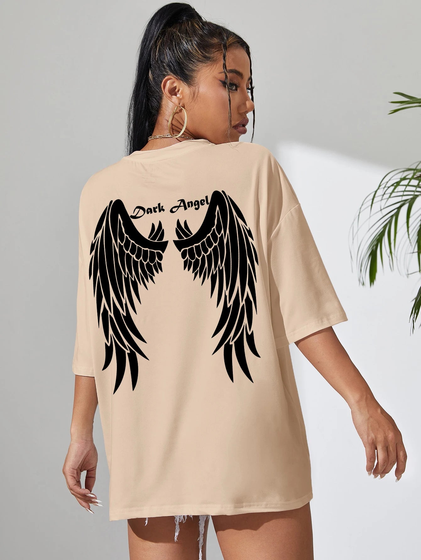 Damen T-Shirt mit dunklem Engelsflügel-Grafik – 100 % Baumwolle, lockere Passform, Hip Hop Streetwear