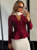 Women’s Ruffled Knit Cardigan – Elegant V-Neck Slim Fit Sweater
