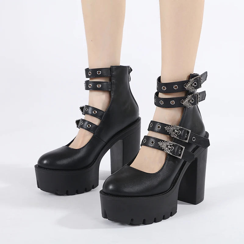 Women's Goth Platform Block Heels: Buckle Strap Mary Jane Pumps with Back Zipper
