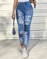 Bedruckte Distressed-Damenjeans – Knöchellange Bleistifthose mit Destroyed-Details, schmal geschnittene High-Waist-Jeans