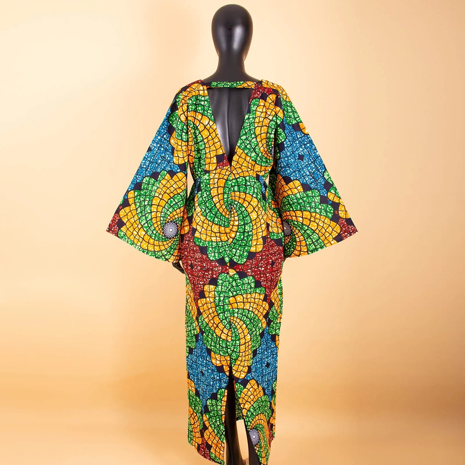 Ankara Maxikleid für Damen mit V-Ausschnitt und ausgestellten Ärmeln